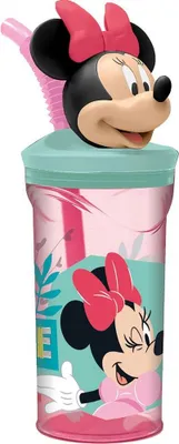 Obrázek produktu pro Růžový plastový kelímek Disney Minnie 360 ml pro dívky s brčkem a 3D figurkou