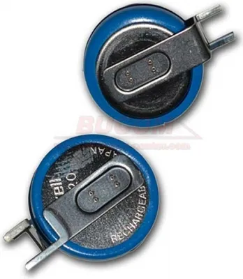 Two coin cell batteries with metal tabs are shown against a white background.