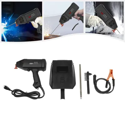 A collage of images showing a welding tool and its accessories, with some images depicting the tool in use.