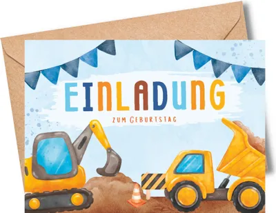 Produktbild von MeinBaby123® 10 Einladungskarten Kindergeburtstag inkl. Umschläge | Bagger