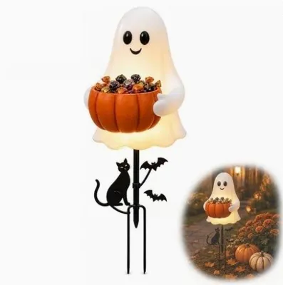 Produktbild von Halloween-Süßigkeitenschale - Halloween-Gartenstecker Geist – Metall-Gartenfigur 2D – Gruselige Gartendekoration – für Rasen, Veranda, Gartenwege