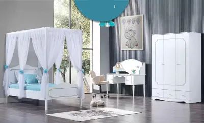Produktbild von Kinderzimmer Schlafzimmer Komplettzimmer Jugendzimmer Himmelbett Weiß 3tlg.
