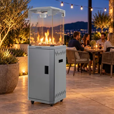 Produktbild von Heidenfeld Gasheizstrahler GH600 | 11 kW - Feuersäule mit Glaskamin & Lavasteinen - Heizpilz - Terrassenstrahler - Outdoor - Kippschutz (Anthrazit)