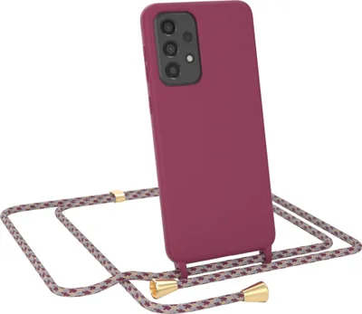 Produktbild von EAZY CASE Handykette kompatibel mit Samsung Galaxy A33 5G Handyhülle zum Umhängen, Silikon Hülle mit Band, Schutzhülle mit Ersatzkordel, Stylische Kette für Smartphone, Beere / Rot Camouflage