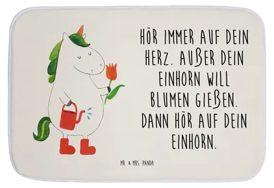 Produktbild von Mr. & Mrs. Panda Badezimmerteppich Einhorn Gärtner - Weiß - Geschenk, wannenvorleger, Badvorleger, Badematte, Luftballon, Unicorn, Einhörner, Badteppich, Lebenslust