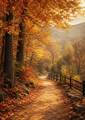 Immagine prodotto di Poster "Foresta autunnale" formato DIN A2 – Stampa su tela per la parete con un sentiero dorato nella foresta, finitura opaca