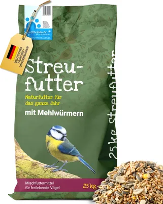 Produktbild von Futterbauer Streufutter schalenlos mit Mehlwürmern 25 kg, getrocknet, Ganzjahres-Vogelfutter ohne Schalen, mit proteinreichen Mehlwürmern für Wildvögel