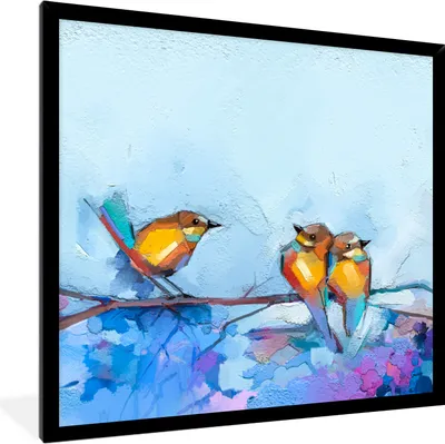 Produktbild von MuchoWow® Gerahmtes Poster Gemälde - Ölfarbe - Vogel - Zweig 40x40 cm - Poster mit Schwarzem Bilderrahmen Wandposter Rahmen Foto Bilder - Mit Rahmen - Wanddekoration Schlafzimmer