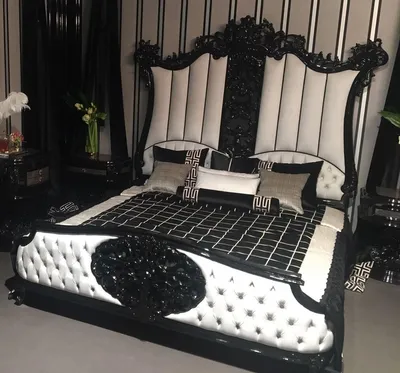 Immagine prodotto di Casa Padrino - Camera da letto barocca bianca / nera / grigia - 1 letto matrimoniale con testiera e 2 comodini - Mobili da camera di alta qualità in stile barocco - Nobile e sontuoso
