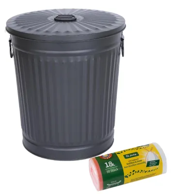 Produktbild von Jinfa 1 Retrodesign Metalleimer mit Griffen und Deckel + 50 Müllbeutel | schwarz | 18L