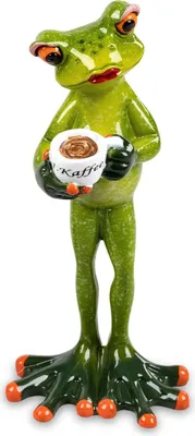 A ceramic figurine of a green frog holding a white coffee cup with the word "Kaffee" on it.