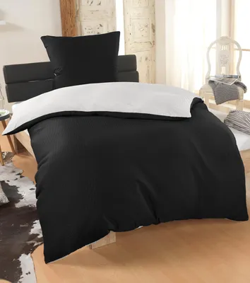 Produktbild von Malika Mikrofaser-Seersucker-Bettwäsche 2-teilig, 135 × 200 + 80 × 80 cm, Schwarz-Weiß