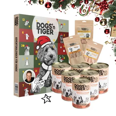 Produktbild von Dogs’n Tiger Guido Maria Kretschmer Adventskalender Hunde Box | Monoprotein | Geflügel | Premium Fleischmahlzeiten & Snacks | Adventskalender Hund