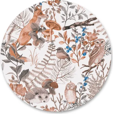Produktbild von Sticker rund Waldtiere FÜCHSCHEN Blätter Eule Vögel Igel Wald Natur Aquarell Wanddekoration Aufkleber 100 cm x 100 cm