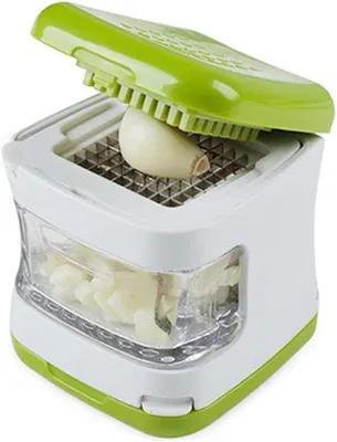 Produktbild von Knoblauchpresse – Knoblauchschneider – Hackfleischmühle – Reibe – Aufbewahrungsbehälter – Edelstahlmesser – Küchenhelfer