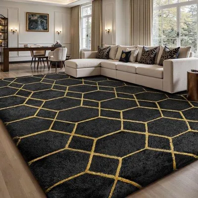 Produktbild von Unyqoos® Hochflorteppich – Grau, hochflorig mit geometrischem Sechseck‑Muster, weich und mit rutschfester Unterseite für Wohnzimmer & Schlafzimmer