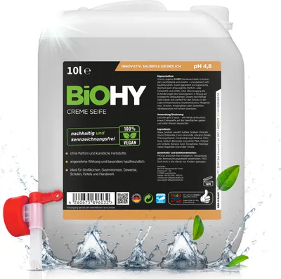 Produktbild von BiOHY Creme Seife (10l Kanister) + Auslaufhahn | Hautschonende, rückfettende und geruchsneutrale Handseife Nachfüller aus dem pflanzlichen Bereich PHOSPHATFREI | Ohne Parfüm und Farbstoffe