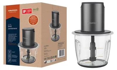 A product image showing a multi-chopper from Grundig, presented both in its packaging and as a standalone product shot.
