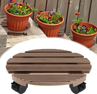 Image de JOIEYOU Rouleau pour plantes Rond 2X Planche à roulettes Plantes WPC Rouleau pour fleurs 30cm Soucoupe pour pot de fleurs avec roulettes Extérieur MAX. 100KG, Marron