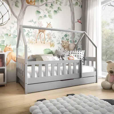 Produktbild von Kinderbett mit Matratze und Schublade, Rausfallschutz, 80x160cm Hausbett, Holzbett in Hausform in Grau MILA