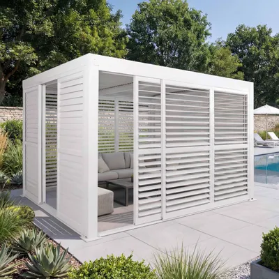 Produktbild von Alu Pergola HWC-L46, Pavillon Terrassenüberdachung, 6x Lamellenpaneel 6x Schiebetüren, 11cm-Gestell, 3x3m  weiß