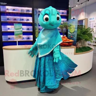 Produktbild von Blaugrüner REDBROKOLY Betta-Fisch Maskottchen Kostüm charakter gekleidet mit einem Wickelrock und Geldbörsen