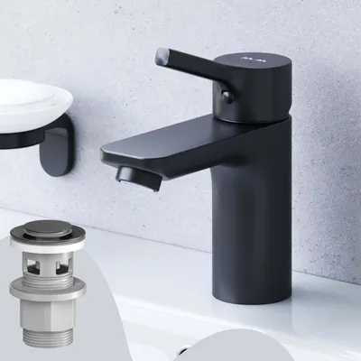 Produktbild von AM.PM Badarmatur mit Pop-Up Ablaufventil für Waschbecken Wasserhahn Bad Schwarz Waschtischarmatur mit Ablaufgarnitur 1 1/4 Zoll Messing Ventil Ablauf