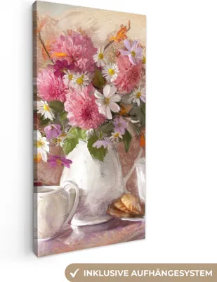 Produktbild von MuchoWow® - Leinwandbilder - Gemälde - Blumen - Vase - Ölfarbe, Wandbild, Wanddeko Bilder Wohnzimmer, 40x80 cm