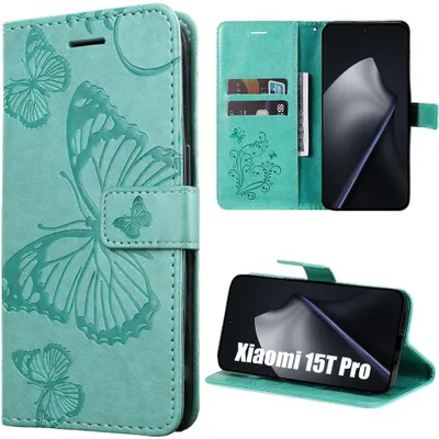 Image de Coque pour Xiaomi 15T Pro, Protection Rabat Cuir Synthétique Antichoc Motif Papillon Vert