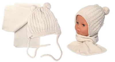 Imagen del producto de Gorro de invierno con pompónes y bufanda, Baby Nellys, color beige, talla 62/68