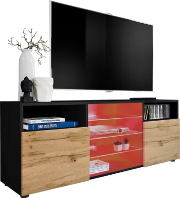 Produktbild von Komodee | TV-Schrank mit 3 Glasböden und 2 Türen Urbino, Korpus Schwarz Matt Frontfarbe Wotan Matt, LED RGB