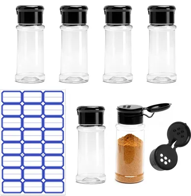 6 Gewürzstreuer 100 ml transparent Kunststoff mit Etiketten