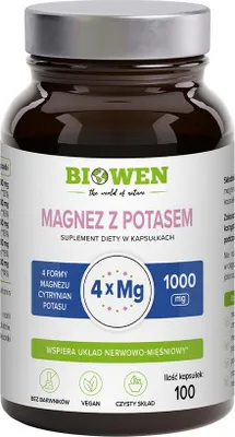 Zdjęcie produktu dla Suplement diety Magnez z potasem Biowen 1000mg 100 kaps na nerwy i mięśnie