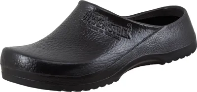 A black Birkenstock clog shoe is shown from a side angle against a white background.