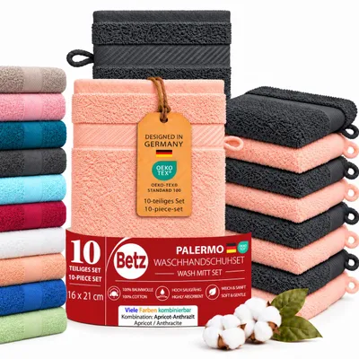 Produktbild von Betz 10 Stück Waschhandschuhe 16x21 cm PALERMO 100% Baumwolle  Farbe: anthrazit / apricot