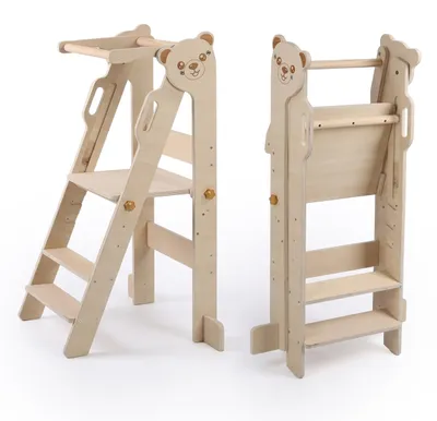 Obrázok produktu pre Relaxdays Vzdelávacia veža Medveď, skladateľná kuchynská veža, od 1 roka, 2 stupne, rozmery 90 x 46,5 x 41 cm, podpora na státie pre batoľatá, prírodná farba
