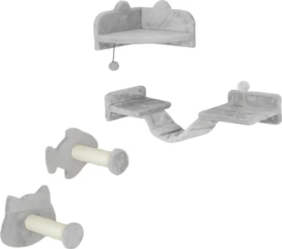 Produktbild von Katzentreppen-Set, 4-teilig, Kratzmöbel mit Sisal-Stufen, doppelter Plattform, Hellgrau/Cremeweiß
