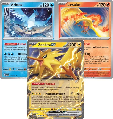 Produktbild von Arktos Rare Holo & Lavados Rare Holo & Zapdos ex Doppelstern SET Karmesin & Purpur 151 144-146/165 Sammelkarten Pokemon Einzelkarten