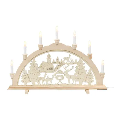 Produktbild von Holz Schwibbogen Lichterbogen 230V inkl. 6 Ersatzglühbirnen - Waldkirche