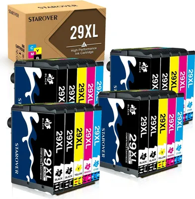 A box of Starover 29XL ink cartridges with several cartridges arranged in front of it.