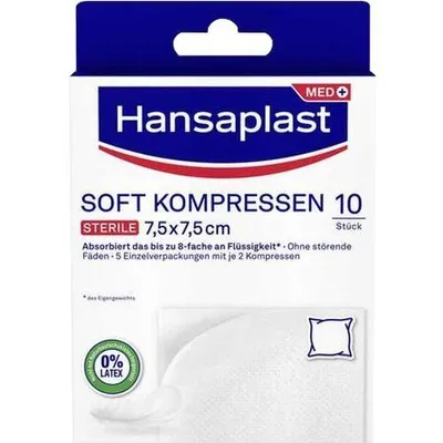 Imagen del producto de Hansaplast, compresas suaves, estériles, de 7,5 x 7,5 cm, 5 unidades por paquete, 2 paquetes