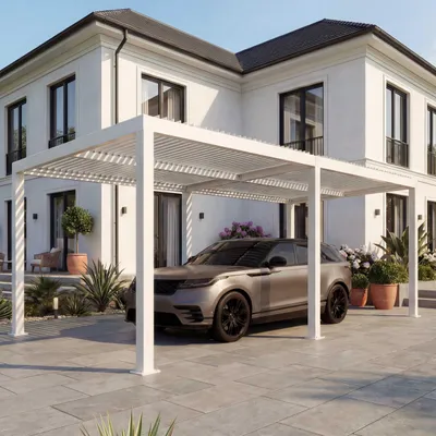 Zdjęcie produktu dla Carport HWC-L46, wiata garażowa z zadaszeniem, rama aluminiowa 11cm, rynna przeciwdeszczowa, 3x6m ~ biały