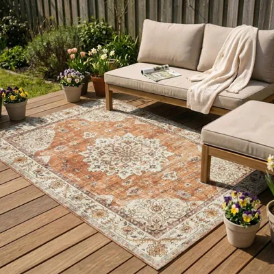 Produktbild von Volero - Vintage Gartenteppich - Santo Medaillon Terrakotta - 80x150 cm - Balkon, Garten / Terrasse - Boho, Ländlich, Orientalisch