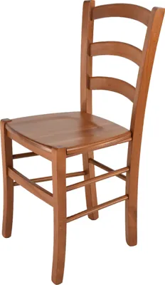 A wooden chair with a ladder back is shown against a white background.