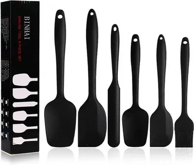 Produktbild von Unyqoos® BINHAI 6‑teiliges Silikon-Spatelset, schwarz, hitzebeständig bis 230 °C, BPA‑frei, FDA‑zugelassen, mit Edelstahlkern – antihaft für Kochen & Backen