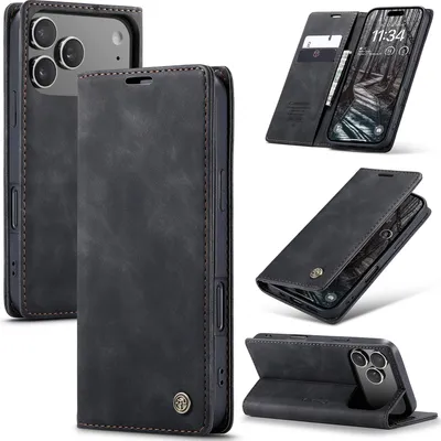 Obrázek produktu pro Pouzdro pro iPhone 17 Pro, RetroPolyuretanKožené Pouzdro s Funkcí Stojánku černý