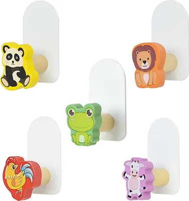Produktbild von Selbstklebende Haken für Kinder - 5 Stück Tierklebehaken - Kinderkleiderhaken - Kindergarderobenhaken - selbstklebende Handtuchhaken ohne Bohren - Holzwandhaken
