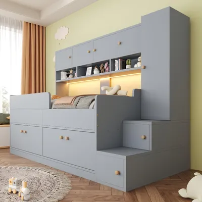 Produktbild von Merax Kinderbett 90x200 cm mit Kleiderschrank und Stauraumleiter, Holzbett mit LED und Sicherheitsgeländer, Jugendbett mit Holzbettrahmen, Grau