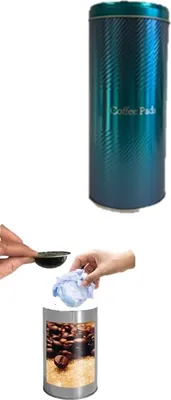 Produktbild von James Premium Paddose für 18 Kaffeepads, neues Design Metallic, Dose, Pad, plus Tisch Abfallbehälter ohne Deckel mit Ø 8,5 x 9 cm, 0.5 Liter Tischreste-Mülleimer