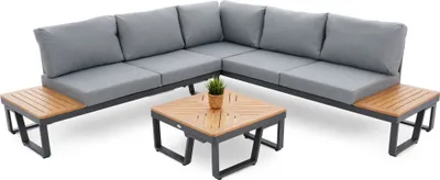 Produktbild von di volio Gartenmöbel Set Veledo, Garten Möbel für Outdoor - wetterfest & bequem, aus Aluminium und Holz, 2-Sitzer & 3-Sitzer Sofa und Couchtisch